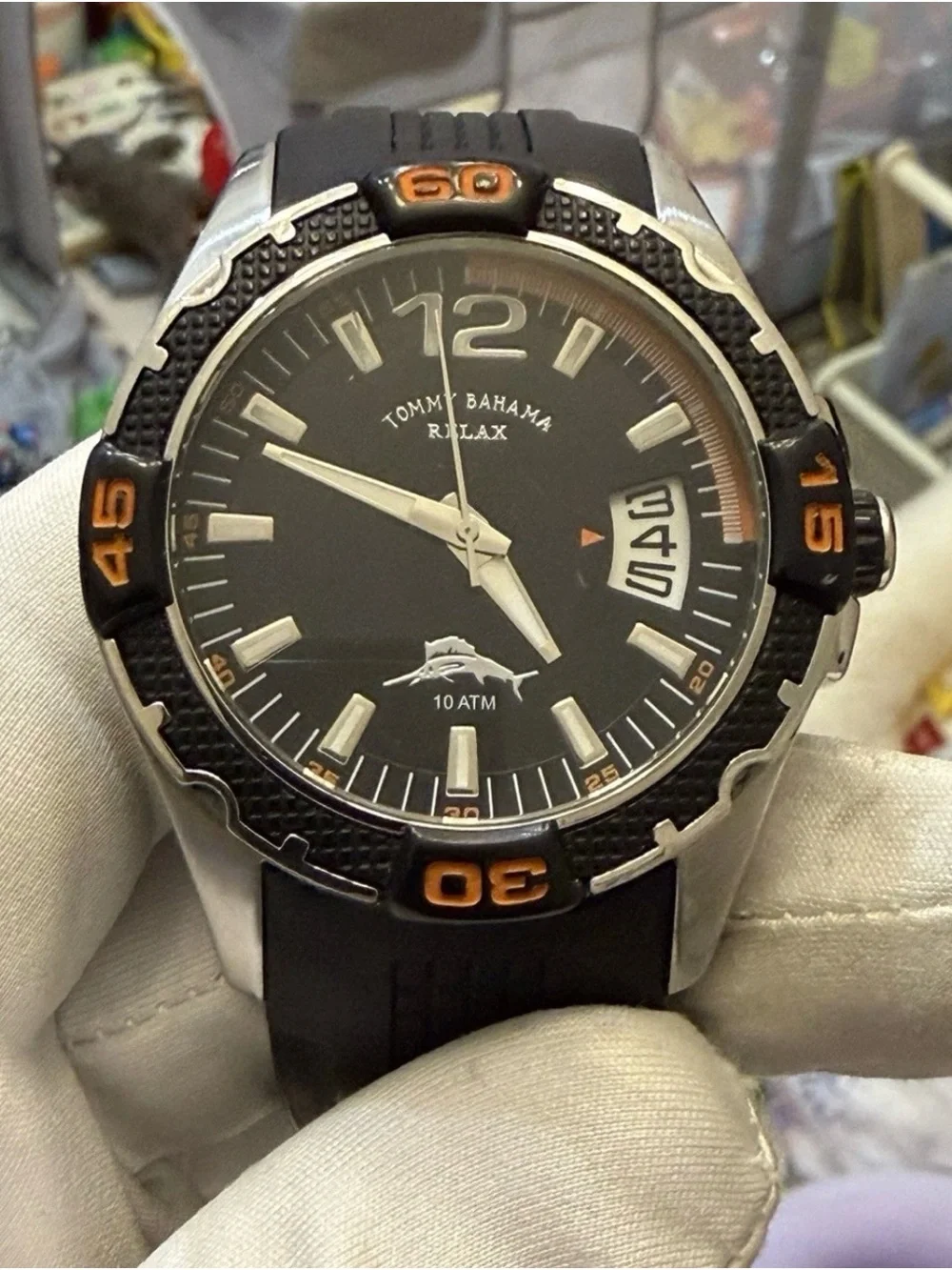 Tommy Bahama Relax Men Watch RLX1112 Black Orange Date 10 ATM 46mm Sport Diver